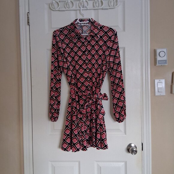 Zara NWOT Women's Size XS Pink Geo Print Velvet Belted Mini Shirt Dress - Picture 4 of 14